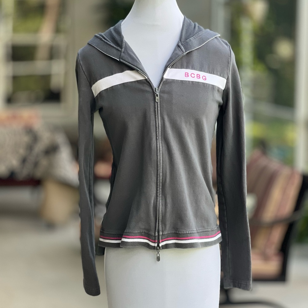 BCBG Max Azaria Hooded Jacket Large LG L Grey White and Pink Stripes - Picture 3 of 11